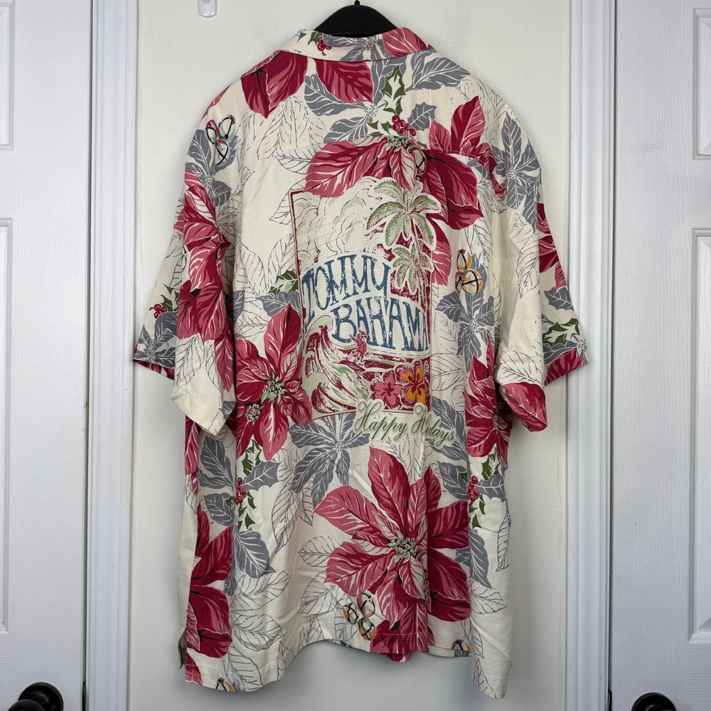 Tommy Bahama SILK Shirt Mens XXL Cream Holidays Christmas Poinsettia Surf Santa - Picture 6 of 11